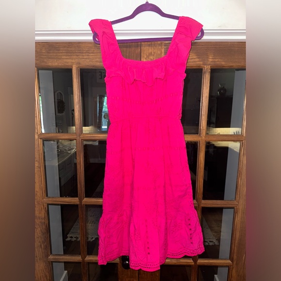 Loft Hot Pink Eyelet Ruffle Square Neck Midi Dress Size SP - Picture 8 of 13